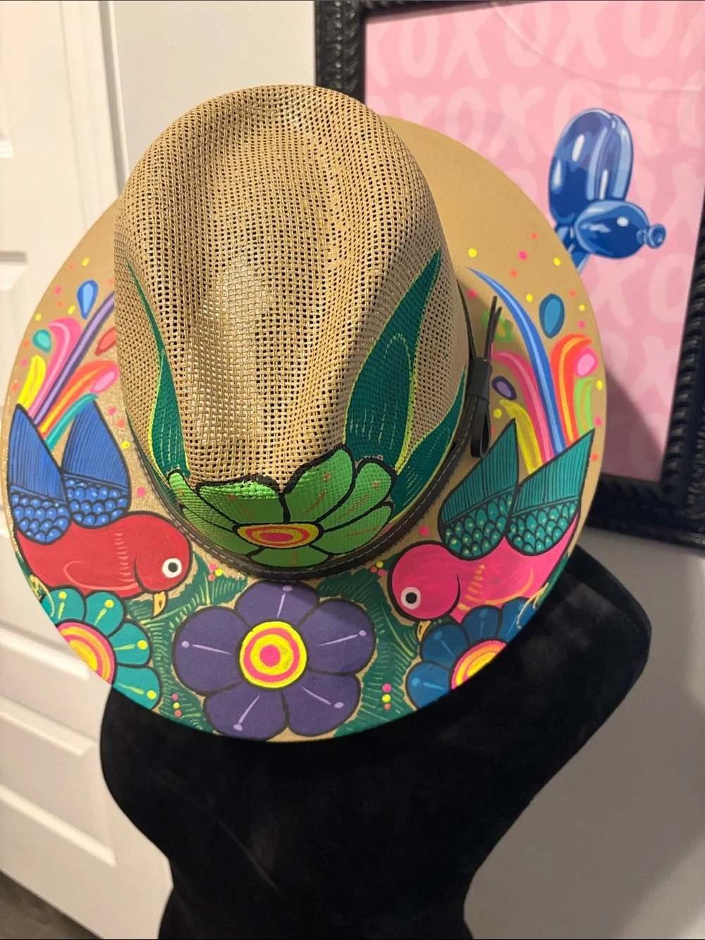 Hand-Painted Straw Fedora Hat with Colorful Bird & Floral Design